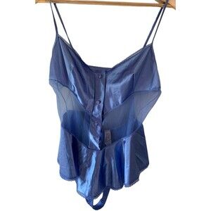 VTG Corinna Fashions Blue Lingerie Teddy Nylon Lace Button 90s Sheer Coquette